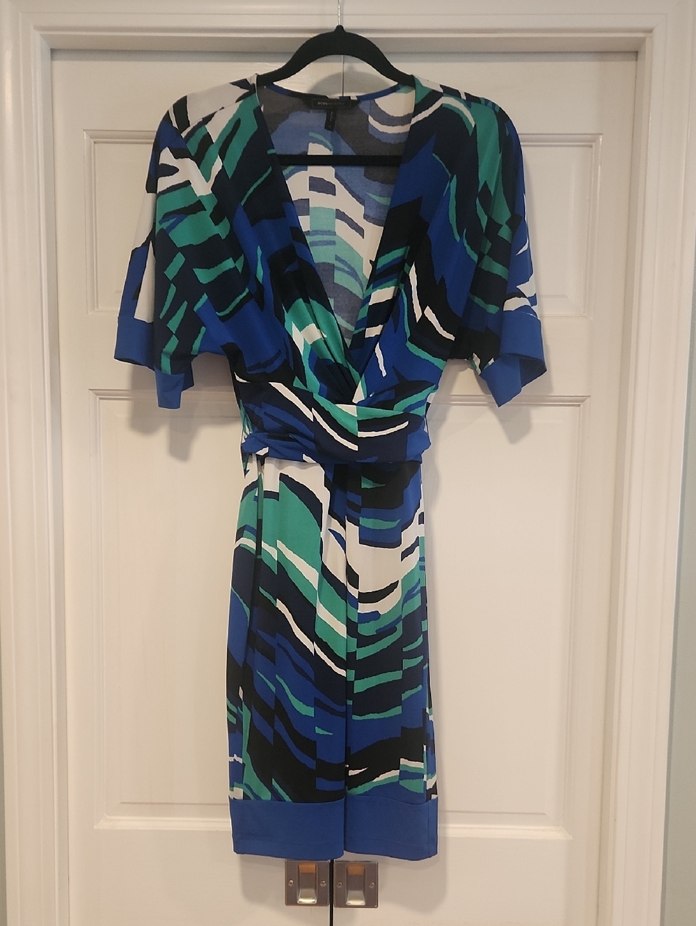 BCBG MaxAzria Blue, Green & White Abstract Wrap Midi Dress